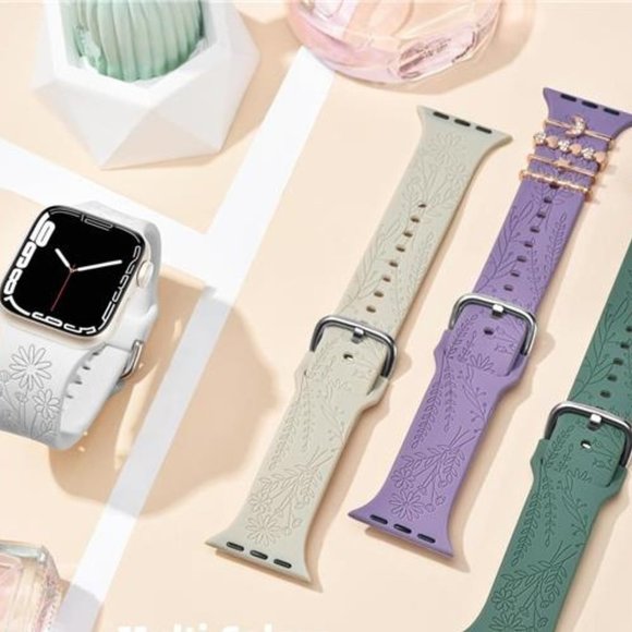 NEW 4 Pack Floral Engraved Apple Watch Bands with Charms - Picture 2 of 5